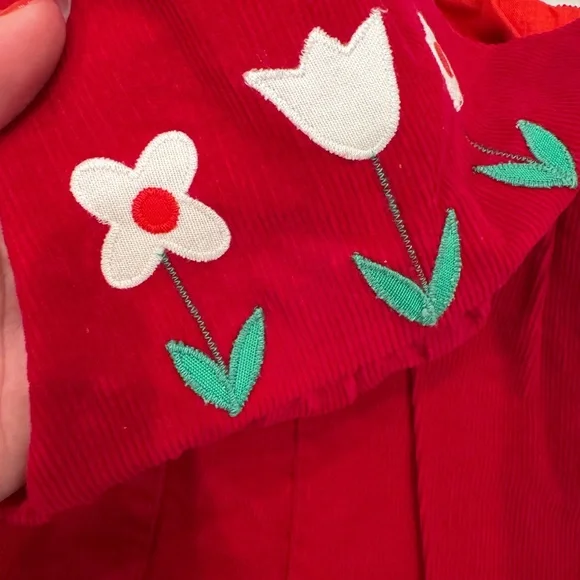 Vintage Girl’s Corduroy Red Flower Appliqué Overall Jumpsuit Romper - Picture 5 of 7